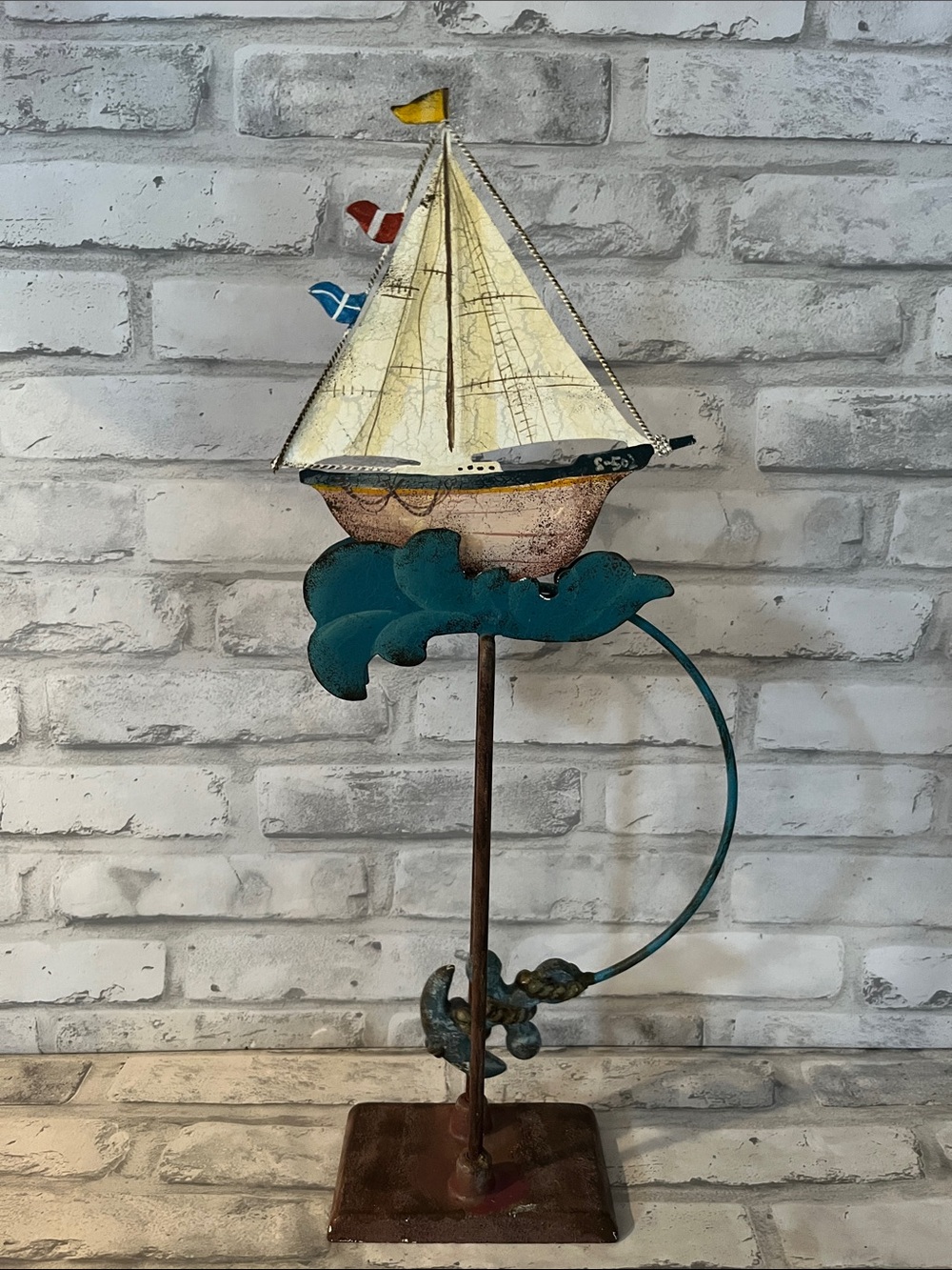 Kinetic Metal Sailboat Table skyhook Sculpture in Cream & Teal rustic